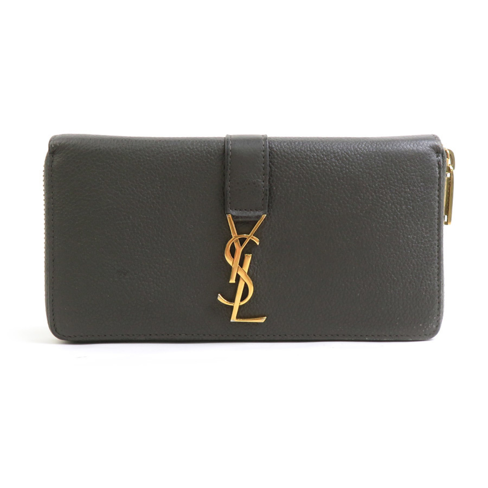 Saint Laurent Round Long Wallet In Khaki Brown And Gold Leather For Men Women...